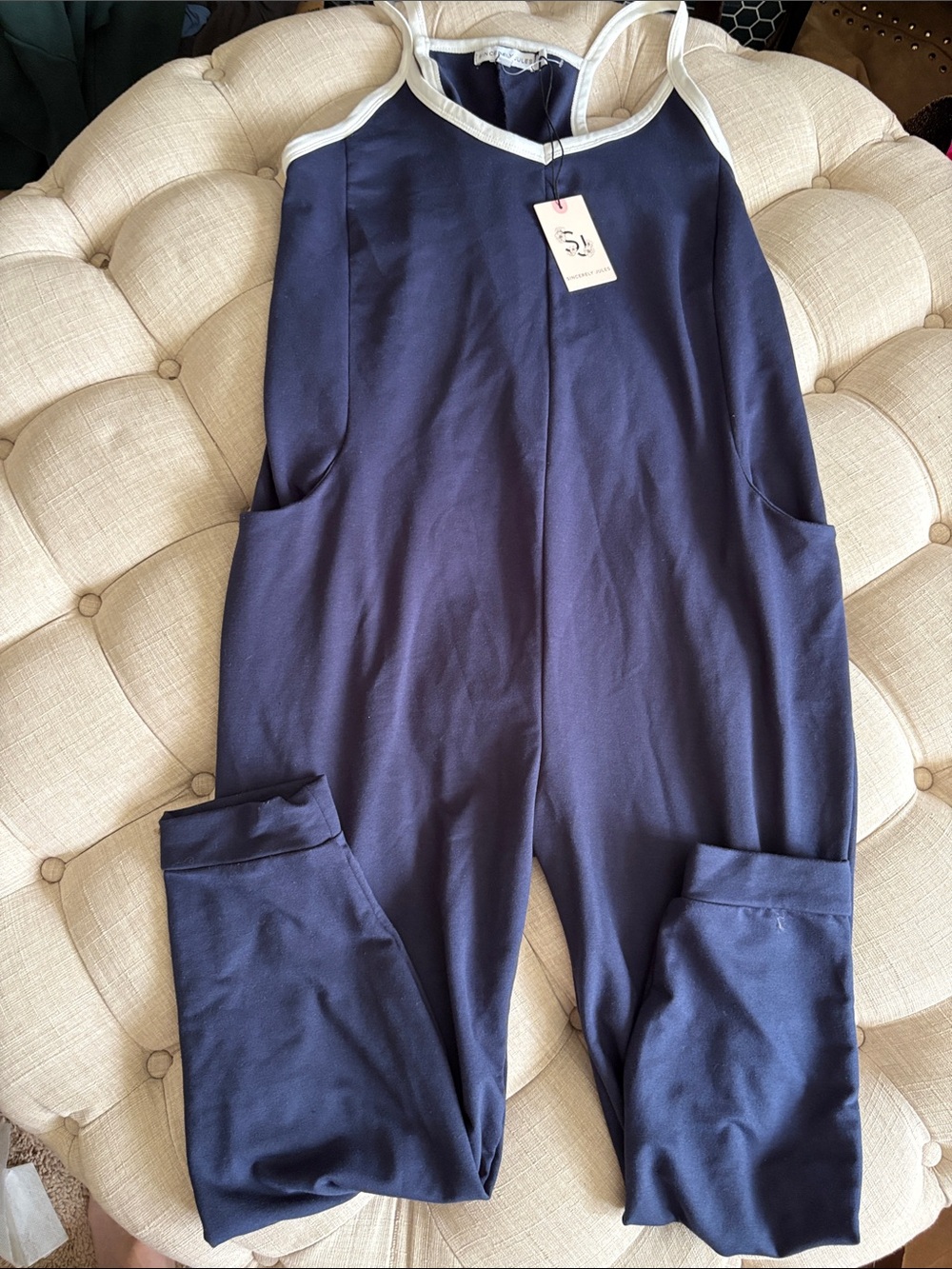 Sincerely Jules Navy Jumpsuit with White Trim